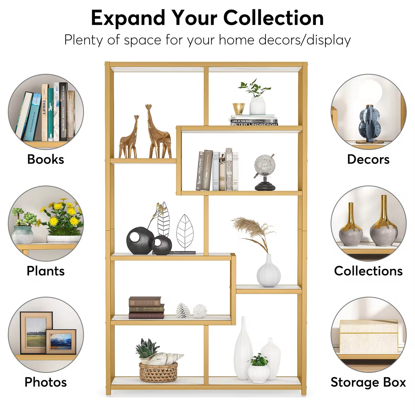 Luxury Bookcase – Marble & Gold Finish, 8 Shelves, 180x100x30cm