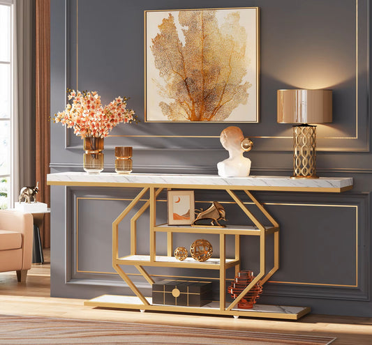 Luxury Console Hall Table – Marble Finish, Gold & White, 180x30x87cm