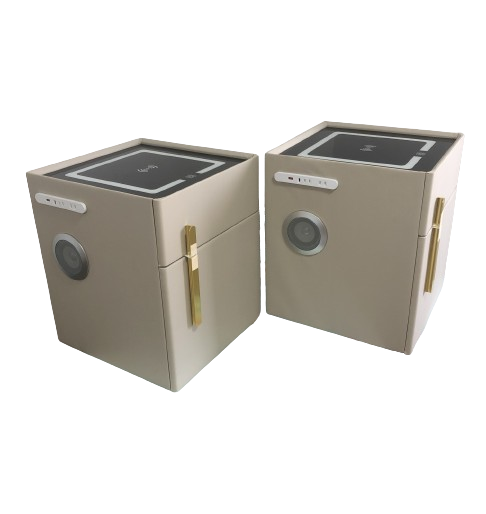 2 Smart Bedside Tables, Wireless and Built-in Safe for one, Audio, MDF upholstered with eco-leather, White, Beige, 50*40*40 cm