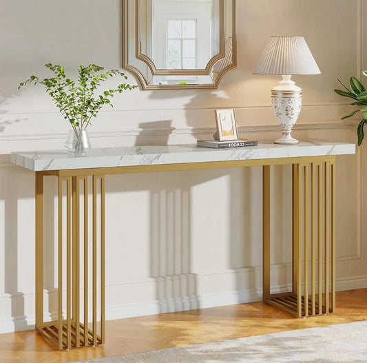 Console, Hall Table, Marble Finish, Metal, Gold+White, Modern, Luxury, 160 x 30 x 80 cm