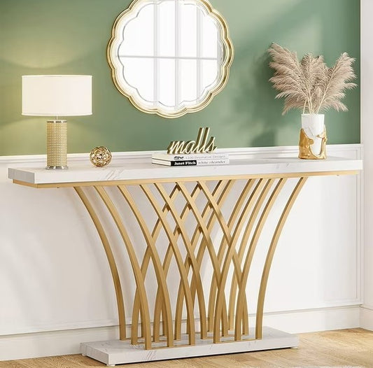 Tribesigns Console Table HOGA-F1715, Metallic Marble Finish, Gold+White, 150x30x80cm
