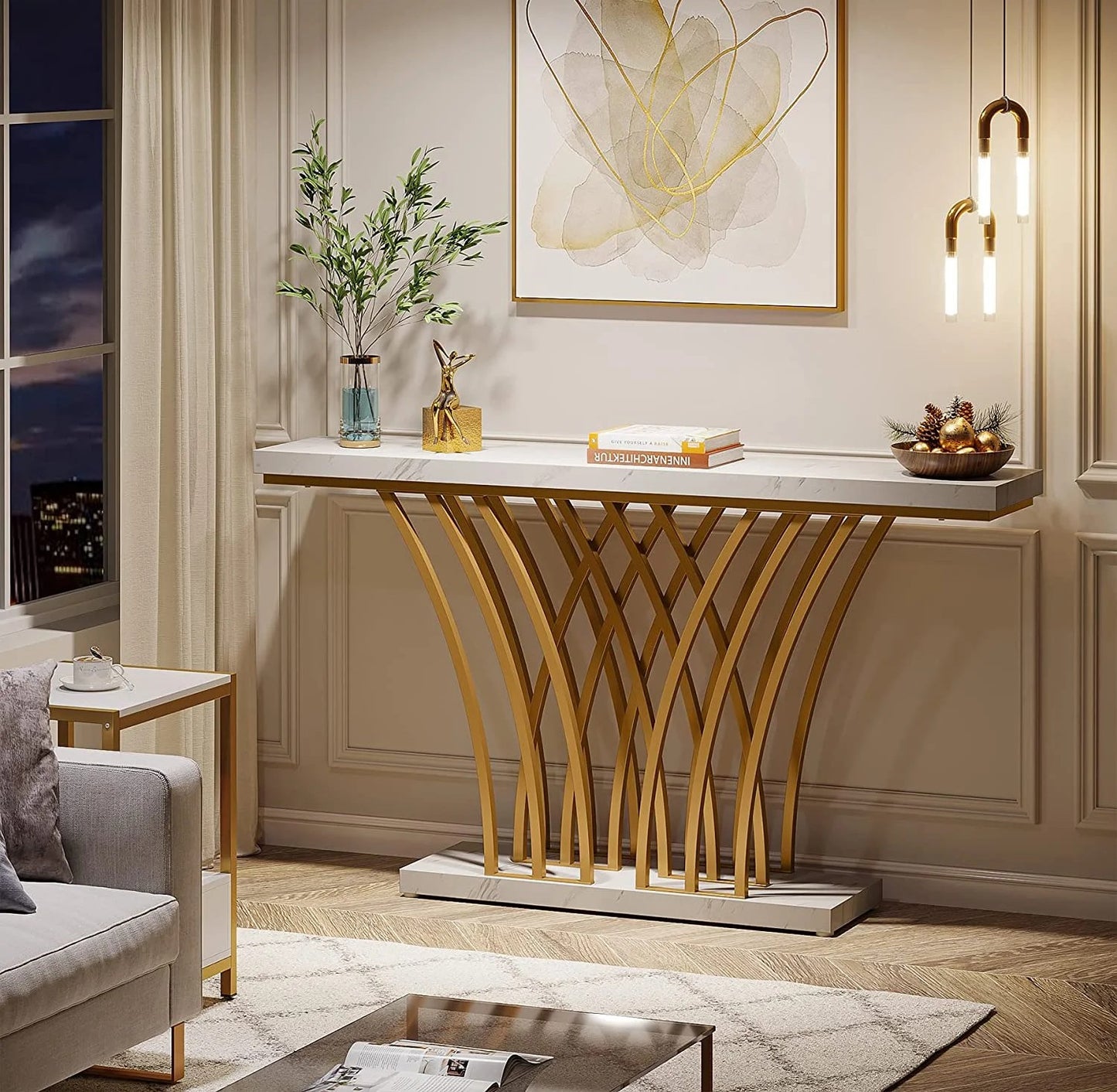 Tribesigns Console Table HOGA-F1715, Metallic Marble Finish, Gold+White, 150x30x80cm