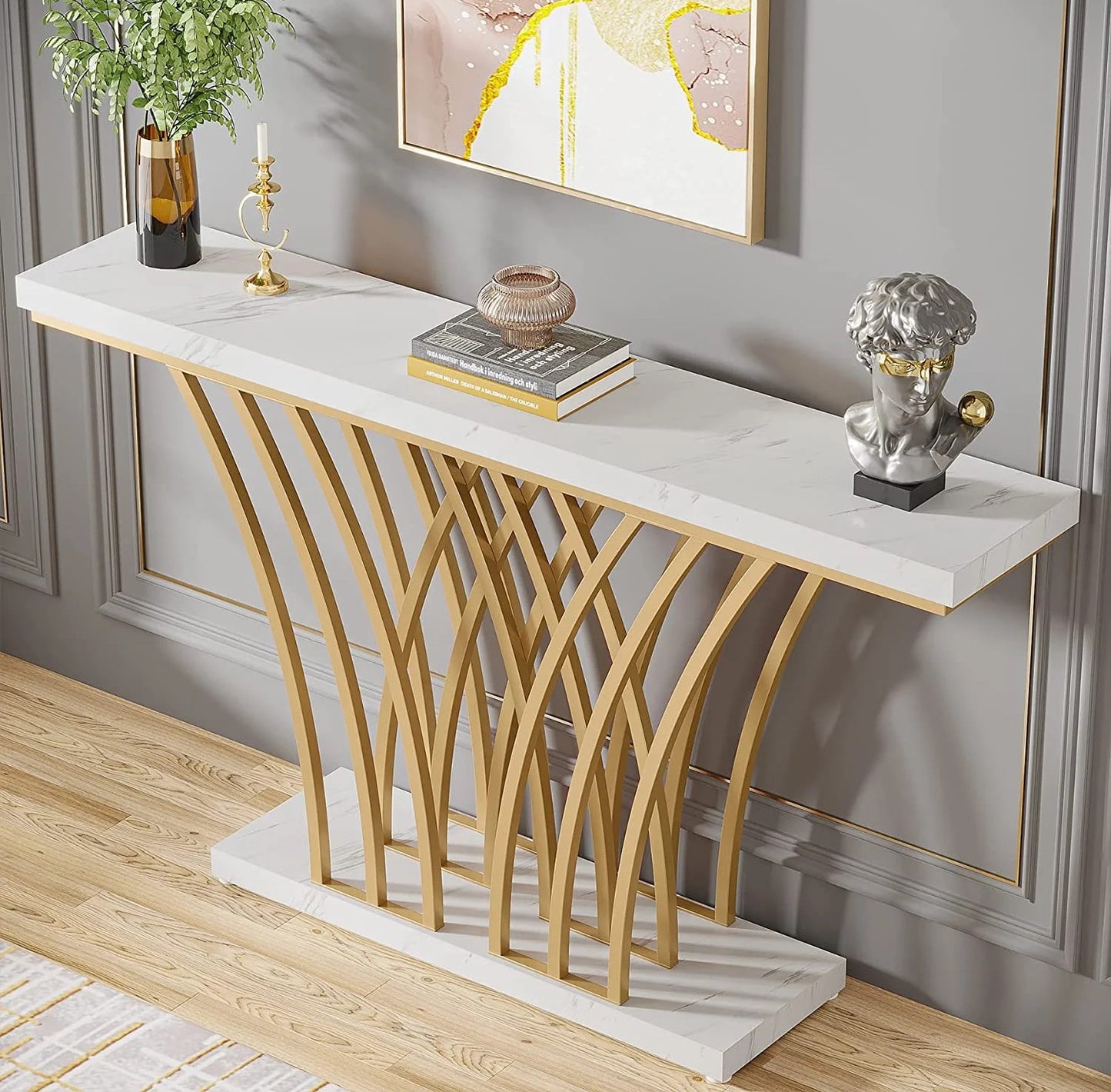 Tribesigns Console Table HOGA-F1715, Metallic Marble Finish, Gold+White, 150x30x80cm