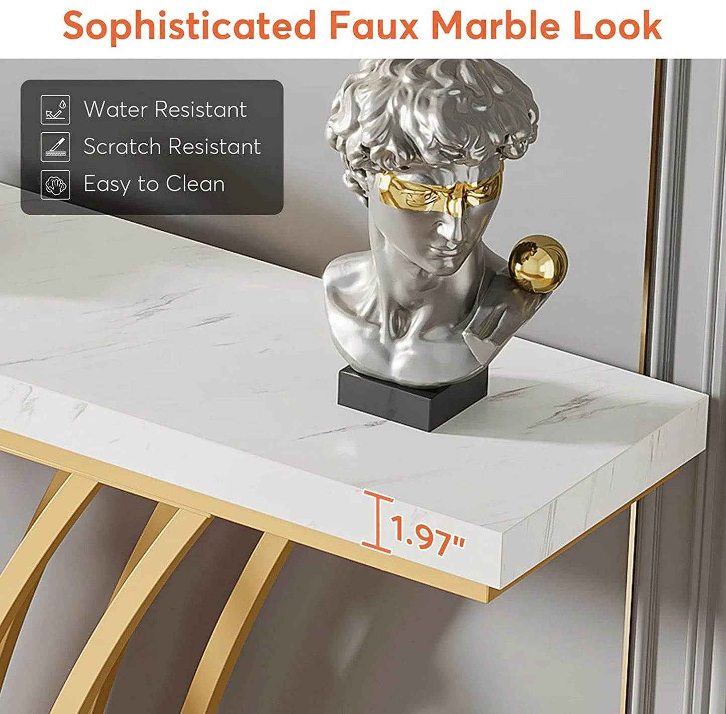 Tribesigns Console Table HOGA-F1715, Metallic Marble Finish, Gold+White, 150x30x80cm