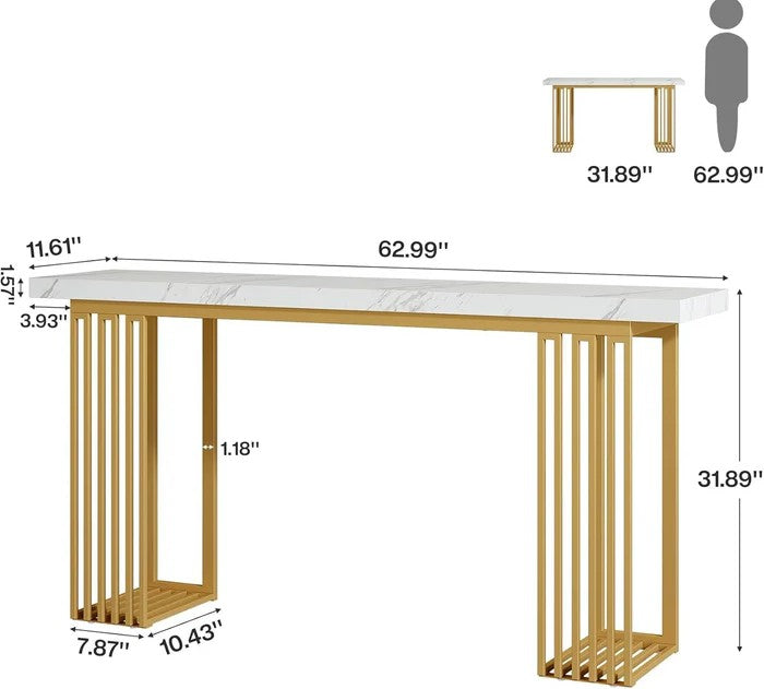 Console, Hall Table, Marble Finish, Metal, Gold+White, Modern, Luxury, 160 x 30 x 80 cm