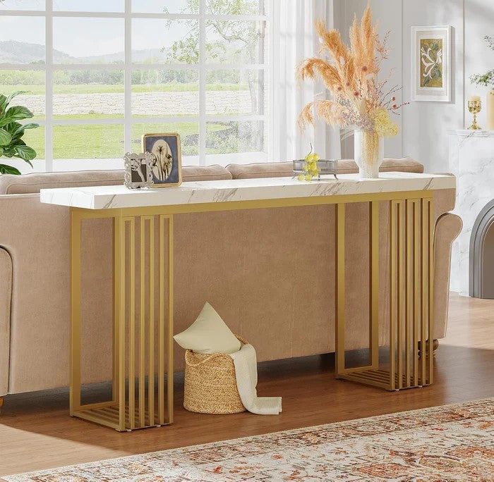 Console, Hall Table, Marble Finish, Metal, Gold+White, Modern, Luxury, 160 x 30 x 80 cm