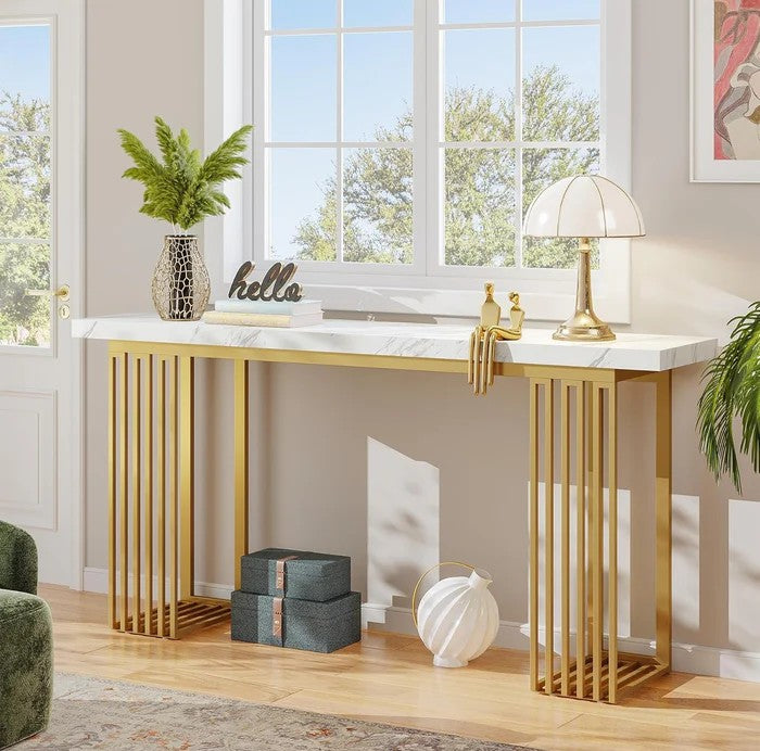 Console, Hall Table, Marble Finish, Metal, Gold+White, Modern, Luxury, 160 x 30 x 80 cm