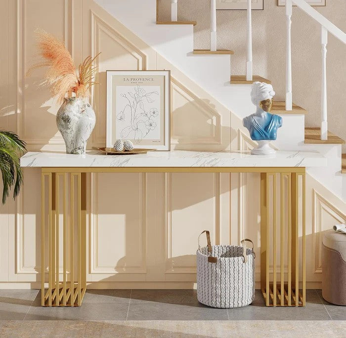 Console, Hall Table, Marble Finish, Metal, Gold+White, Modern, Luxury, 160 x 30 x 80 cm