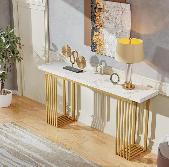 Console, Hall Table, Marble Finish, Metal, Gold+White, Modern, Luxury, 160 x 30 x 80 cm