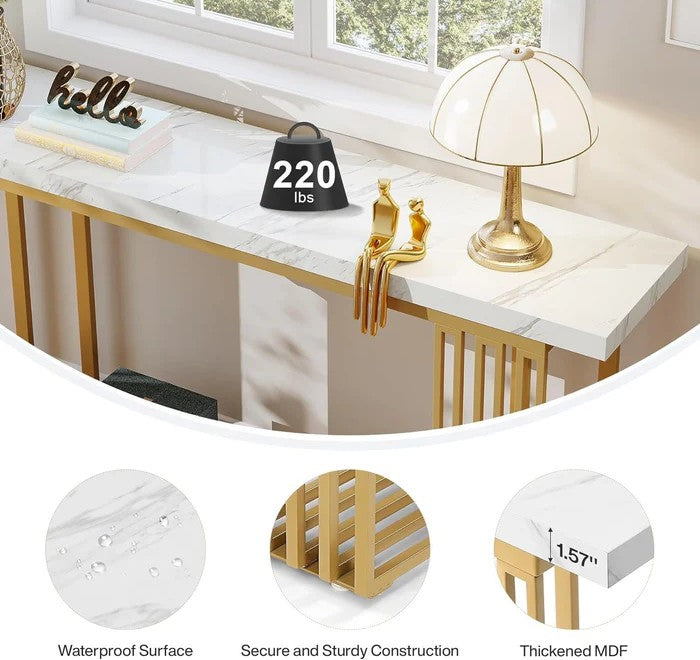 Console, Hall Table, Marble Finish, Metal, Gold+White, Modern, Luxury, 160 x 30 x 80 cm