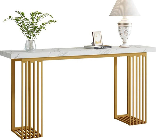Console, Hall Table, Marble Finish, Metal, Gold+White, Modern, Luxury, 160 x 30 x 80 cm