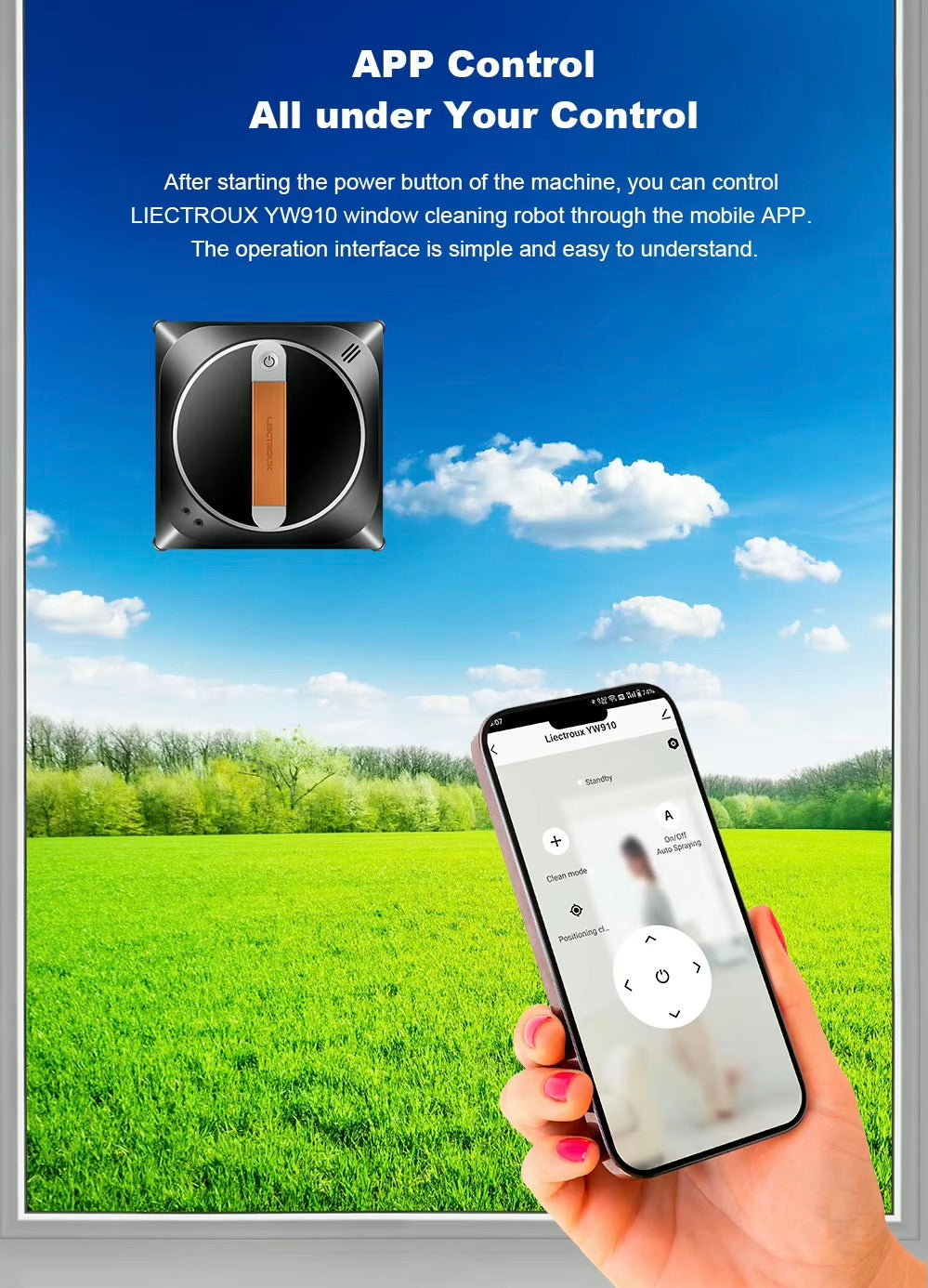 Liectroux Window Cleaning Robot, YW910, Mobile app, Remote control, Bluetooth, 216*216*70 mm, spray integrated in the robot