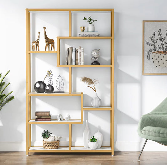 Luxury Bookcase – Marble & Gold Finish, 8 Shelves, 180x100x30cm