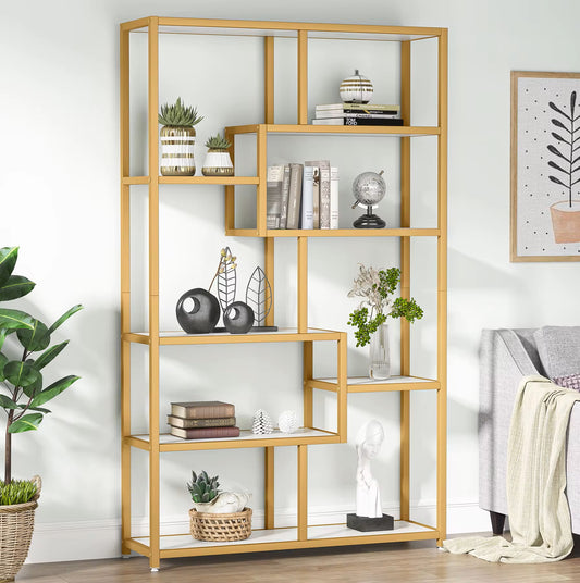 Luxury Bookcase – Marble & Gold Finish, 8 Shelves, 180x100x30cm