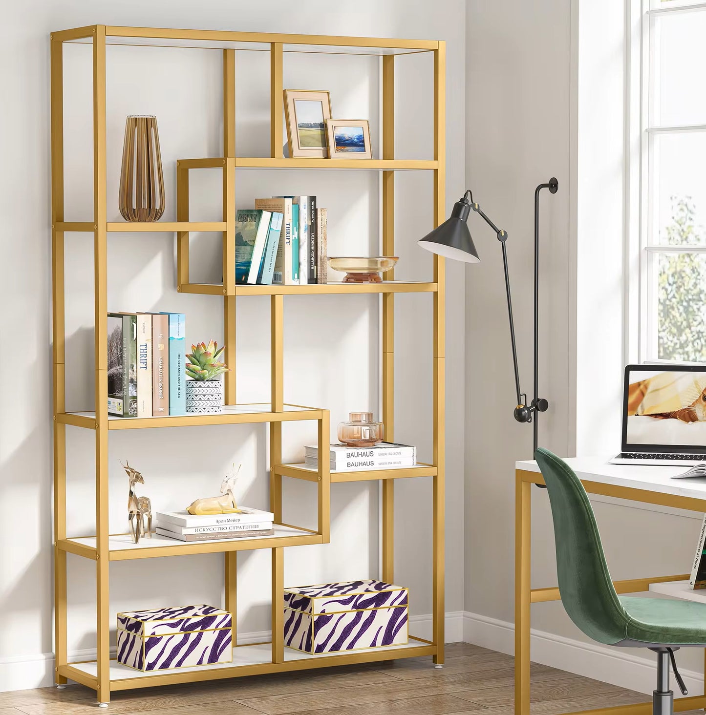 Luxury Bookcase – Marble & Gold Finish, 8 Shelves, 180x100x30cm