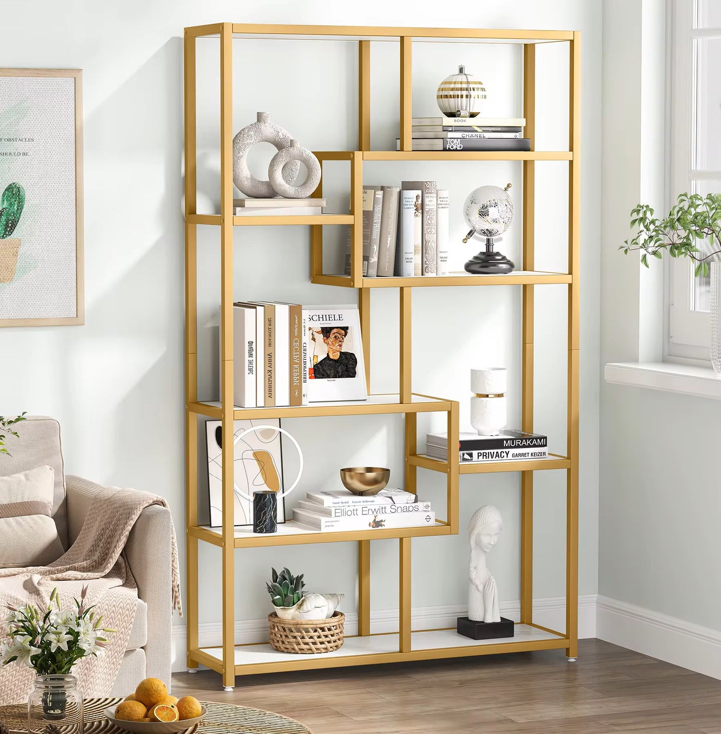 Luxury Bookcase – Marble & Gold Finish, 8 Shelves, 180x100x30cm