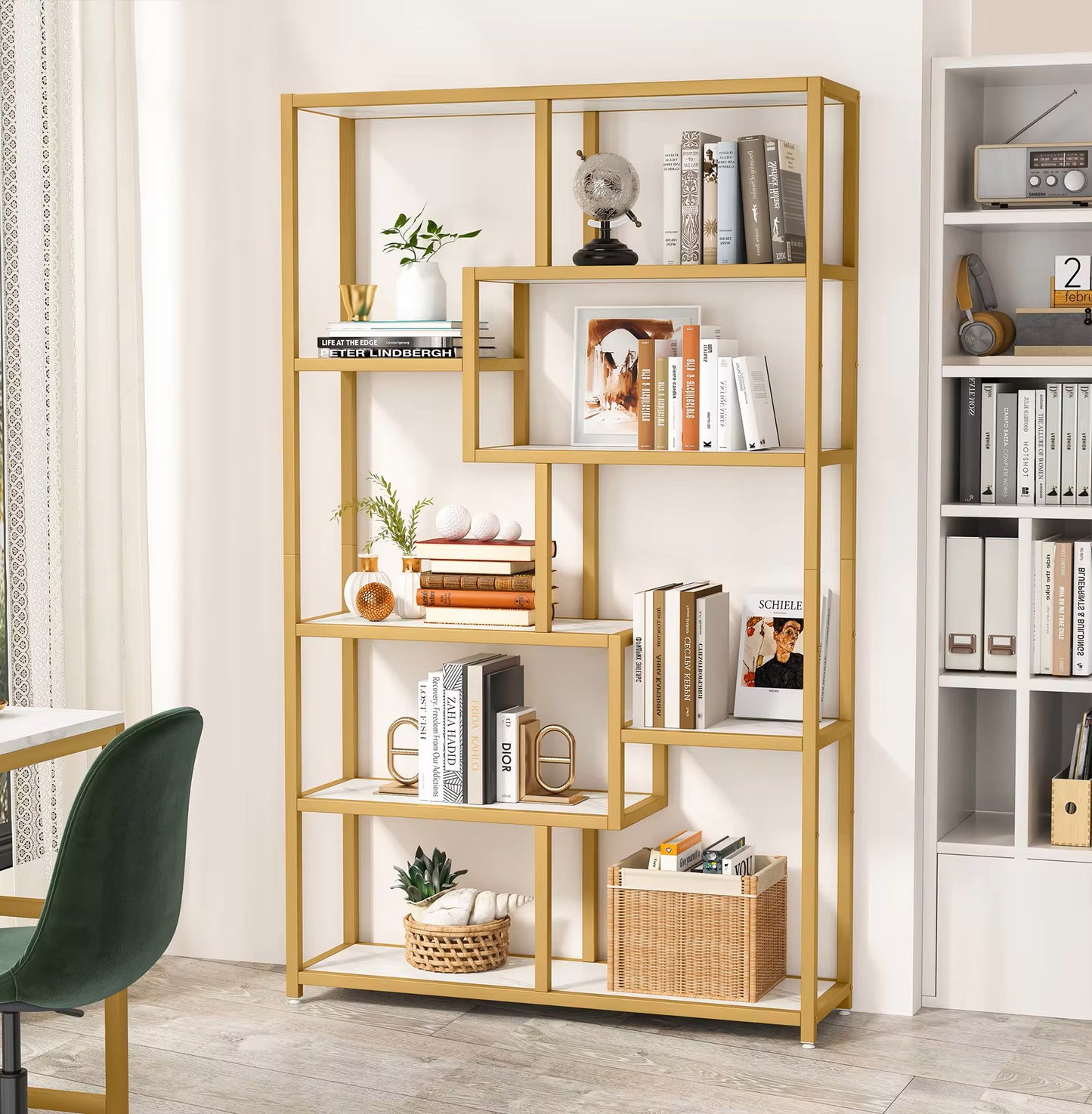 Luxury Bookcase – Marble & Gold Finish, 8 Shelves, 180x100x30cm