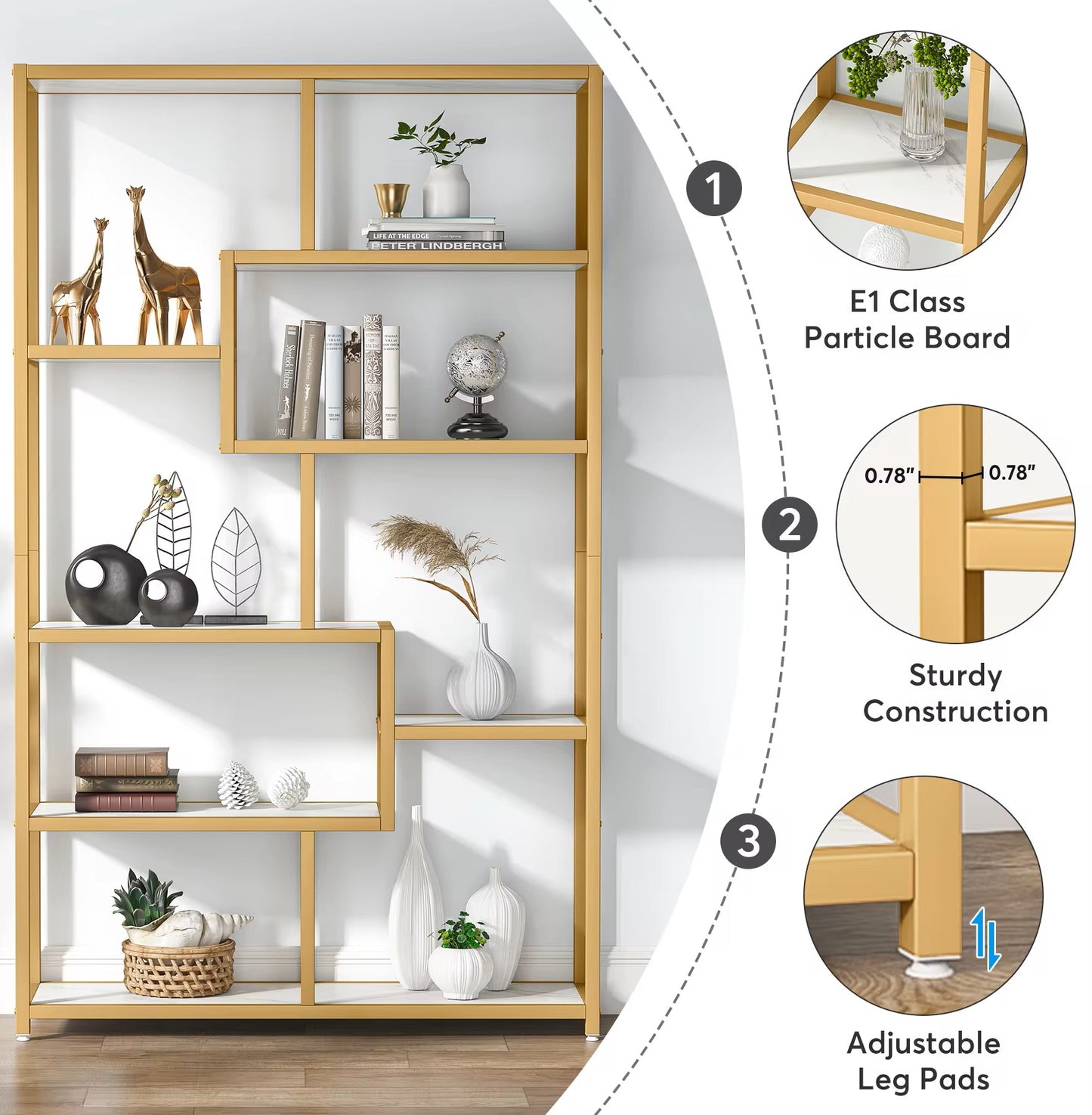 Luxury Bookcase – Marble & Gold Finish, 8 Shelves, 180x100x30cm