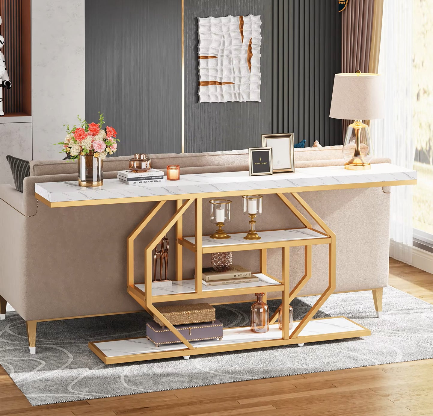 Luxury Console Hall Table – Marble Finish, Gold & White, 180x30x87cm