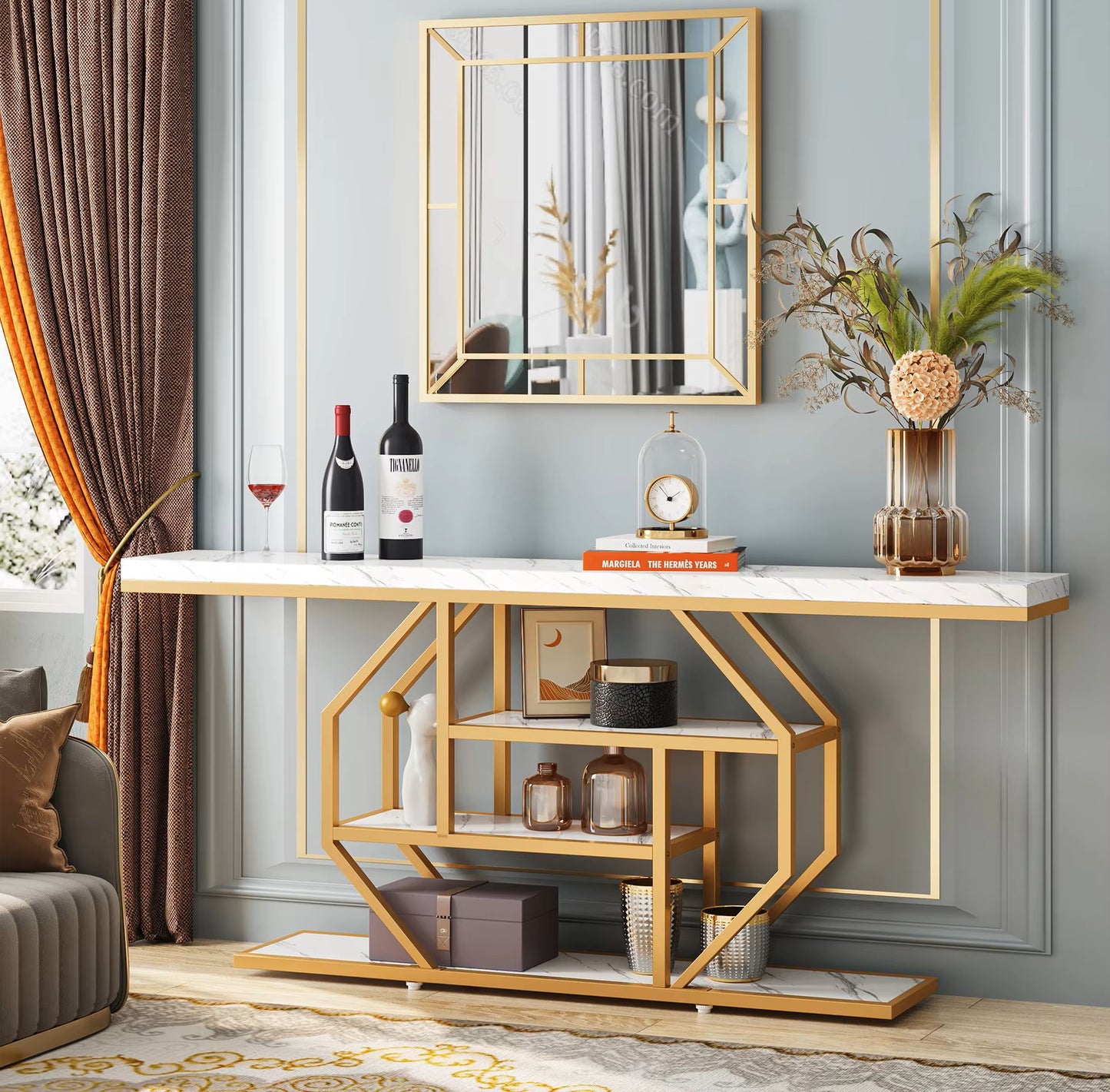 Luxury Console Hall Table – Marble Finish, Gold & White, 180x30x87cm