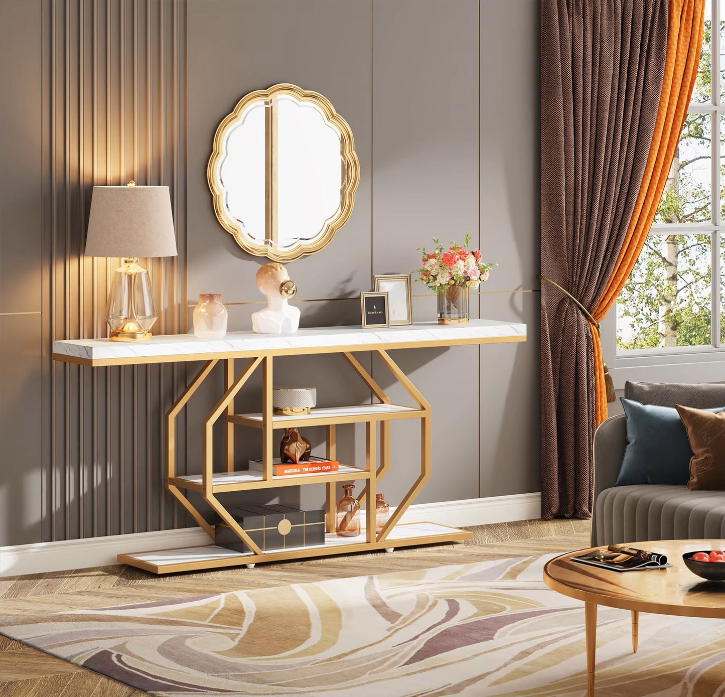 Luxury Console Hall Table – Marble Finish, Gold & White, 180x30x87cm