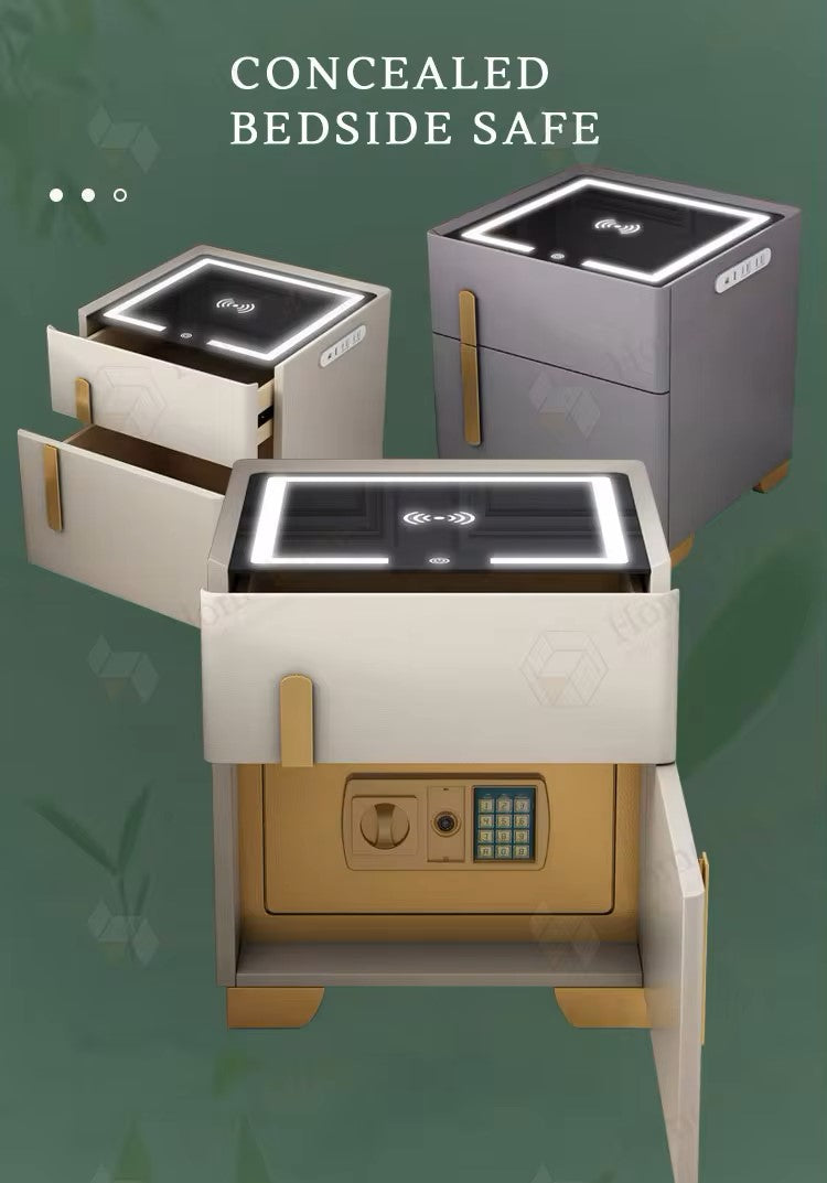 2 Smart Bedside Tables, Wireless and Built-in Safe for one, Audio, MDF upholstered with eco-leather, White, Beige, 50*40*40 cm