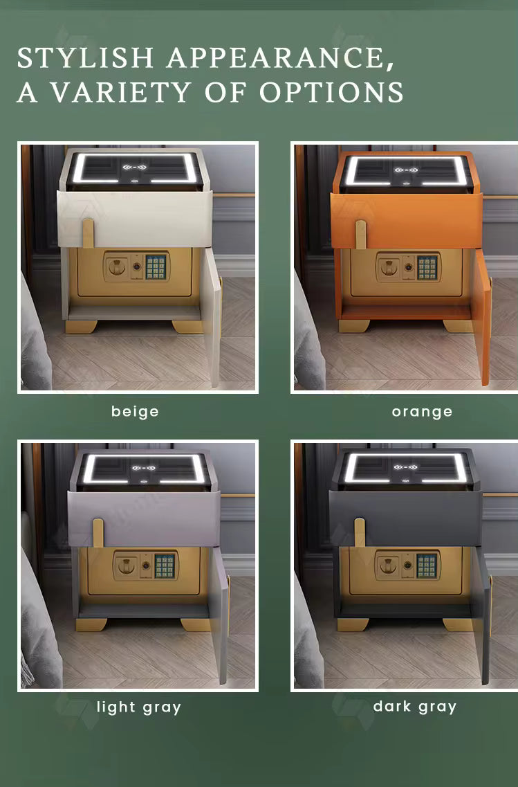 2 Smart Bedside Tables, Wireless and Built-in Safe for one, Audio, MDF upholstered with eco-leather, White, Beige, 50*40*40 cm