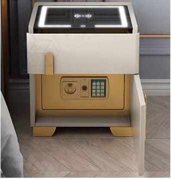 2 Smart Bedside Tables, Wireless and Built-in Safe for one, Audio, MDF upholstered with eco-leather, White, Beige, 50*40*40 cm