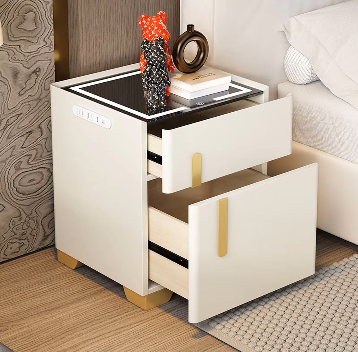 2 Smart Bedside Tables, Wireless and Built-in Safe for one, Audio, MDF upholstered with eco-leather, White, Beige, 50*40*40 cm