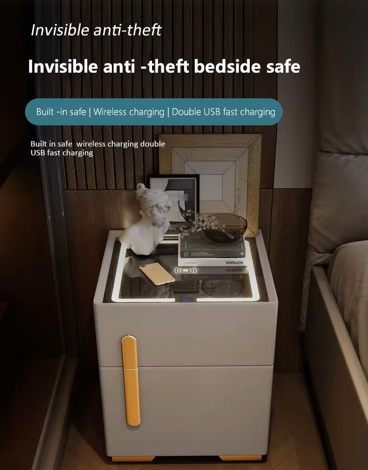 2 Smart Bedside Tables, Wireless and Built-in Safe for one, Audio, MDF upholstered with eco-leather, White, Beige, 50*40*40 cm
