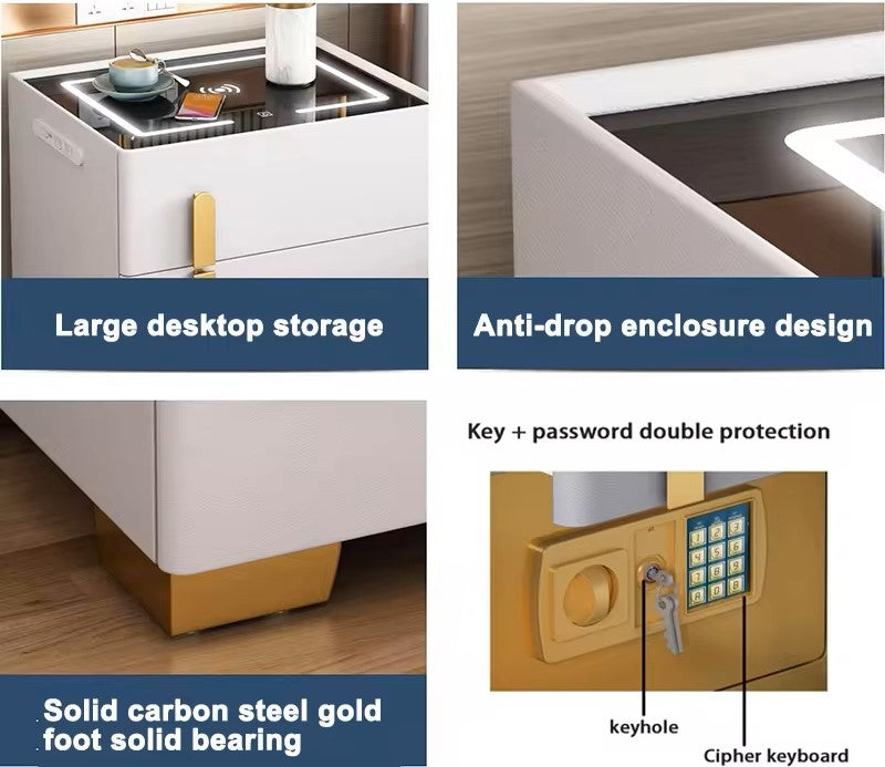 2 Smart Bedside Tables, Wireless and Built-in Safe for one, Audio, MDF upholstered with eco-leather, White, Beige, 50*40*40 cm